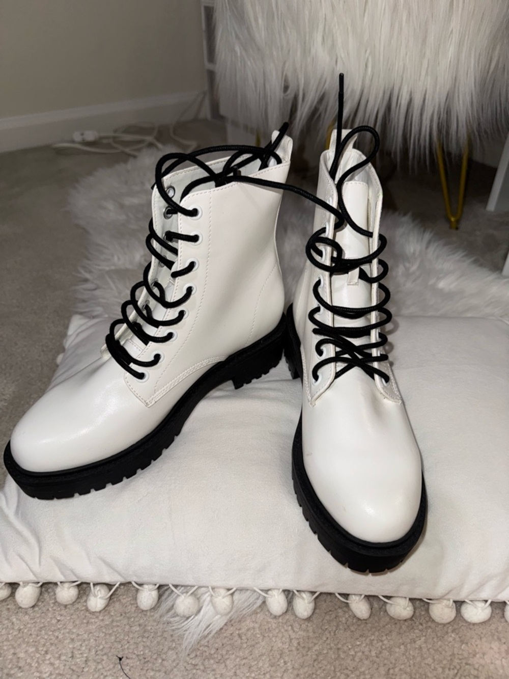Forever 21 White Lace-Up Combat Boots with Black Sole